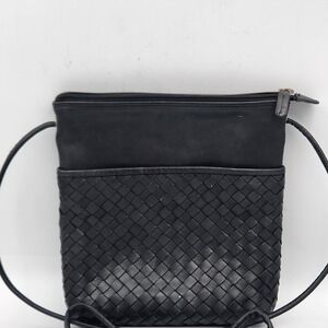ILI‎ New York Black Leather Woven Crossbody Bag Purse Small Travel Leopard Lined